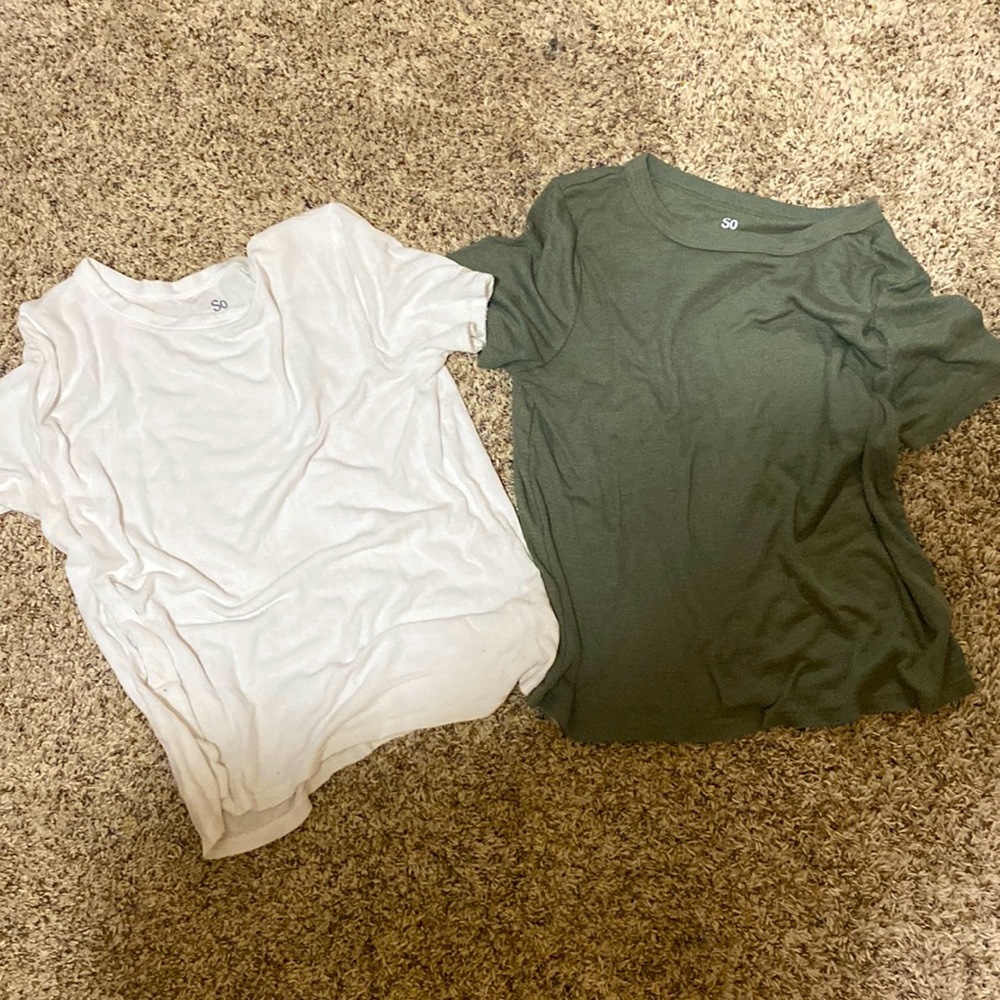 2 shirts, olive green and white